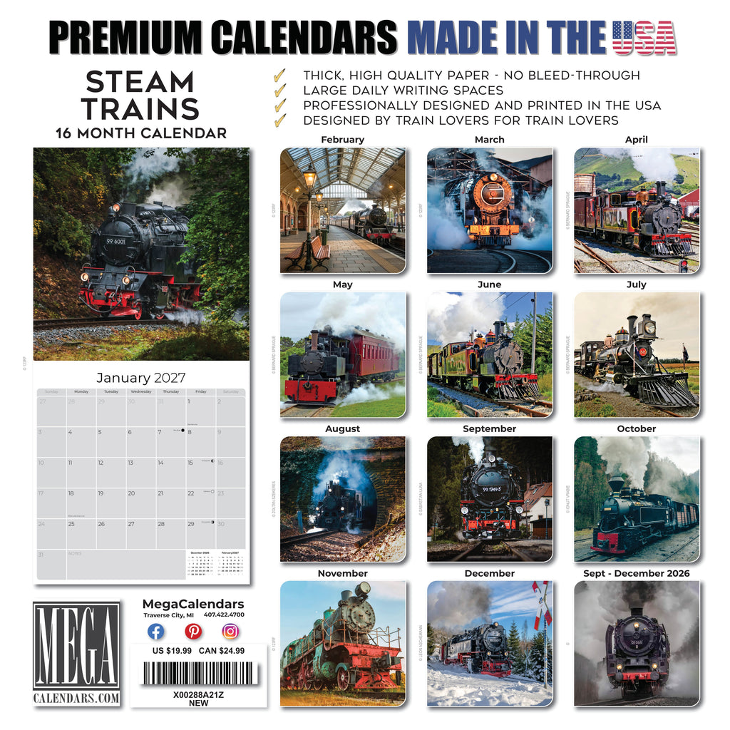 Steam Trains Wall Calendar 2027 - 12" x 12" Monthly Locomotive History Calendar