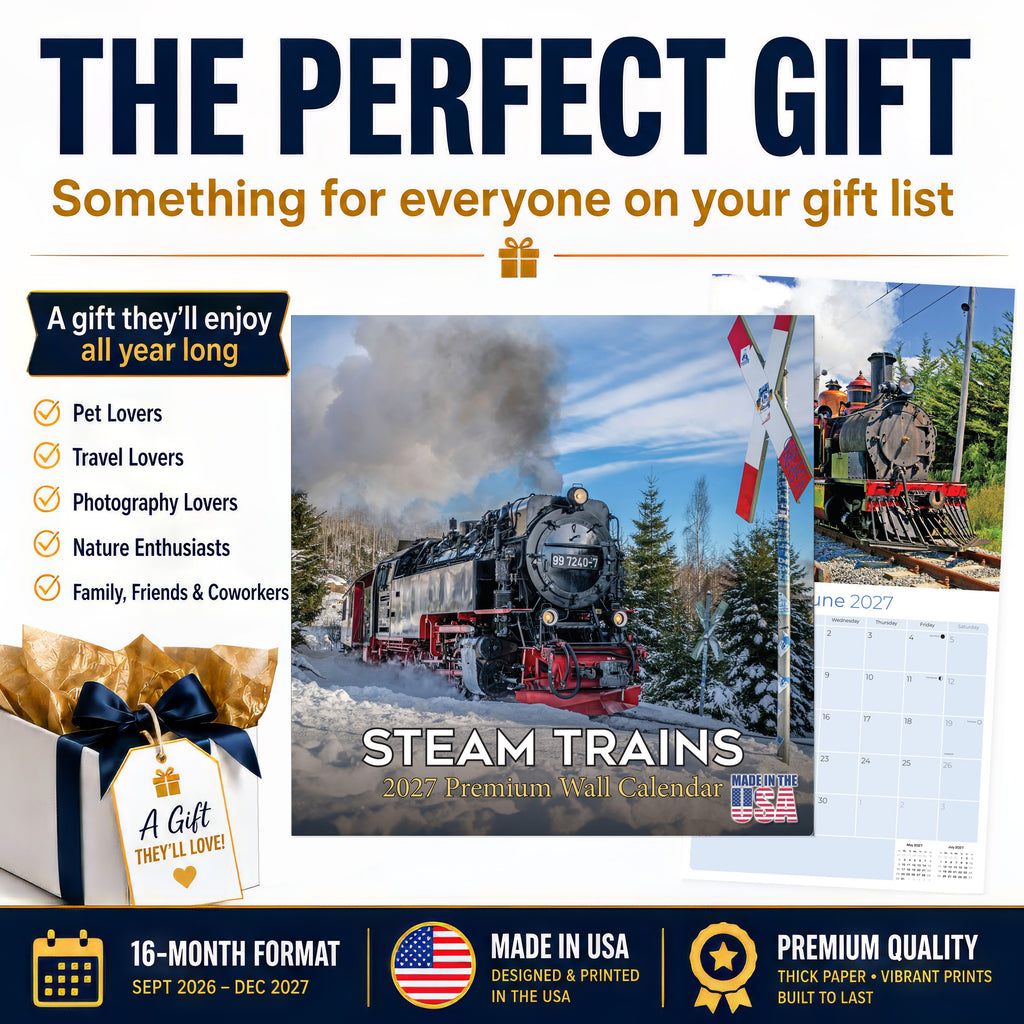Steam Trains Wall Calendar 2027 - 12" x 12" Monthly Locomotive History Calendar