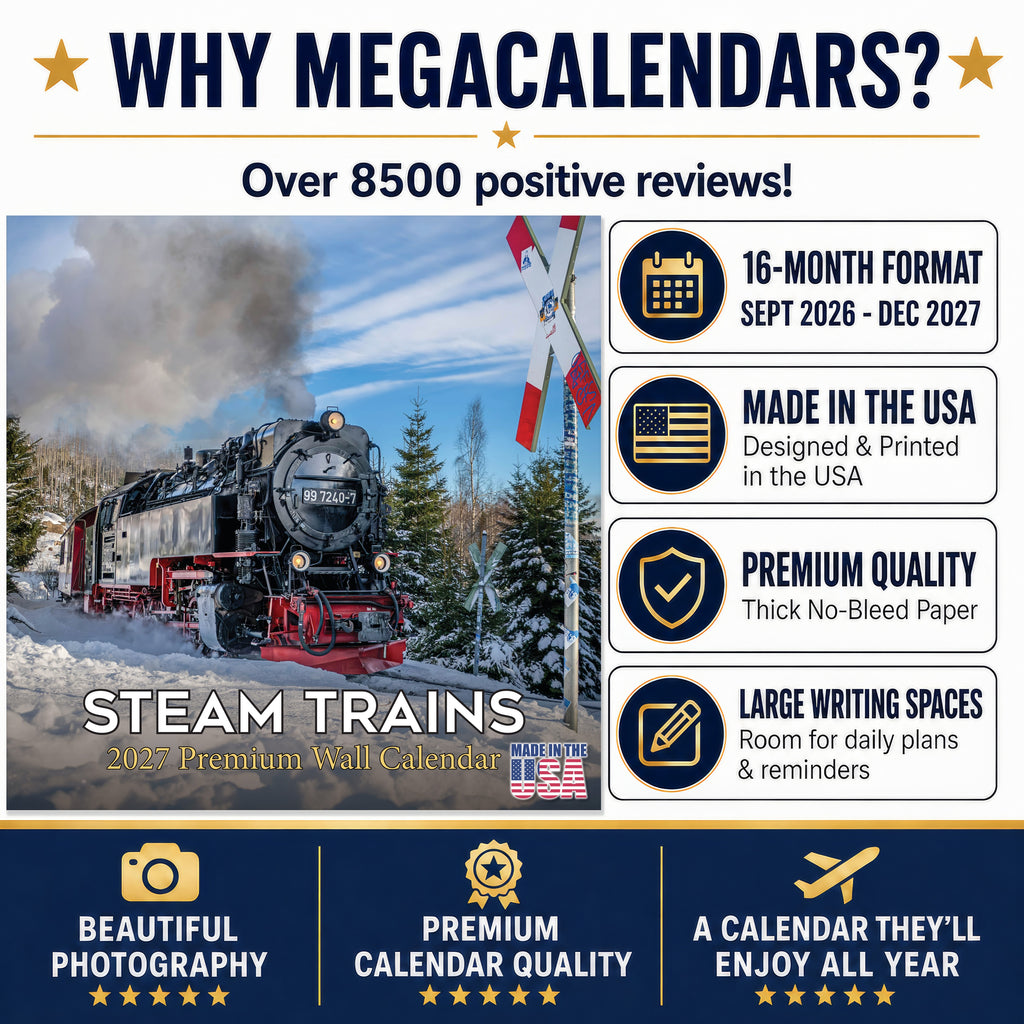 Steam Trains Wall Calendar 2027 - 12" x 12" Monthly Locomotive History Calendar