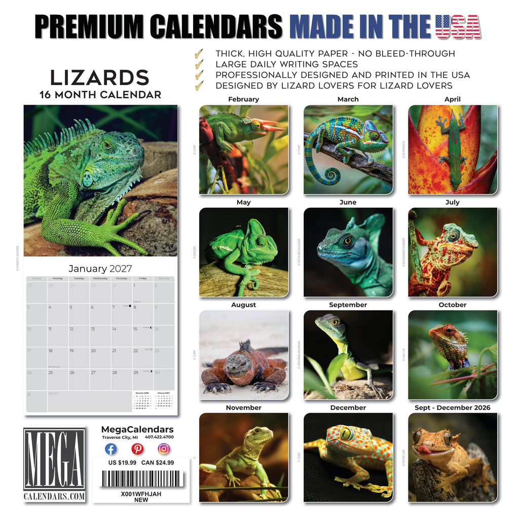 Lizards Wall Calendar 2027 - 12" x 12" Monthly Exotic Reptiles & Colorful Scaled Terrarium Nature Calendar
