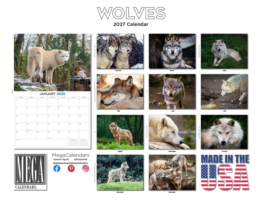 Wolves Wall Calendar 2027 - 12" x 9" 14-Month Wildlife Nature Calendar