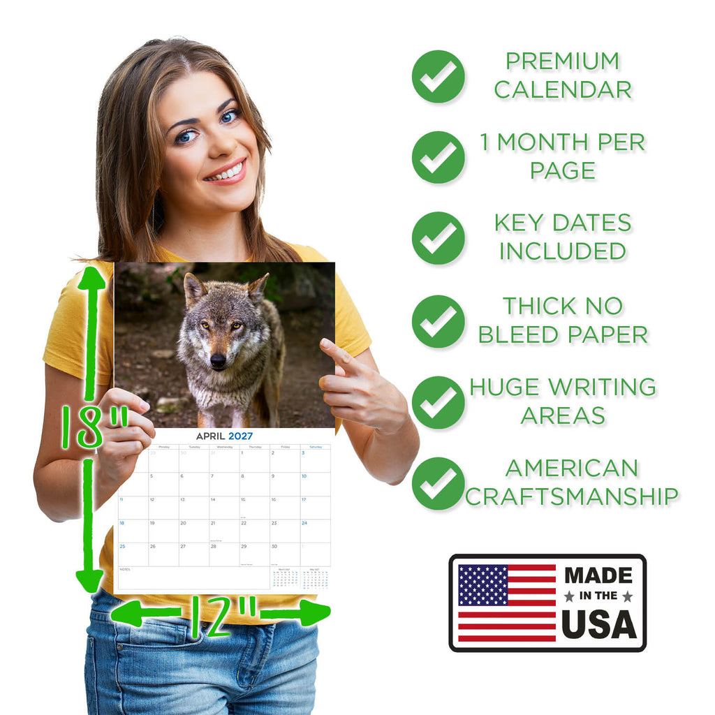 Wolves Wall Calendar 2027 - 12" x 9" 14-Month Wildlife Nature Calendar