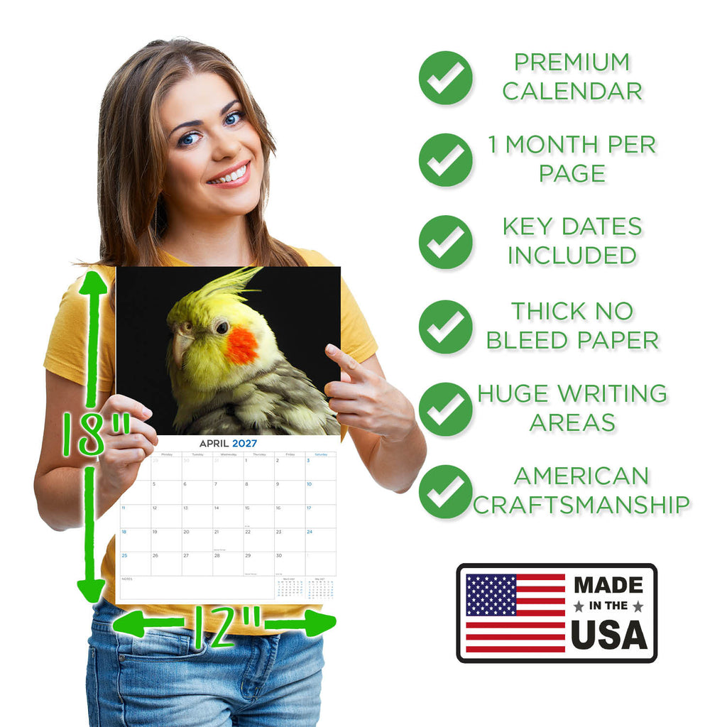 Cockatiels Wall Calendar 2027 - 12" x 9" 14-Month Tropical Bird Calendar