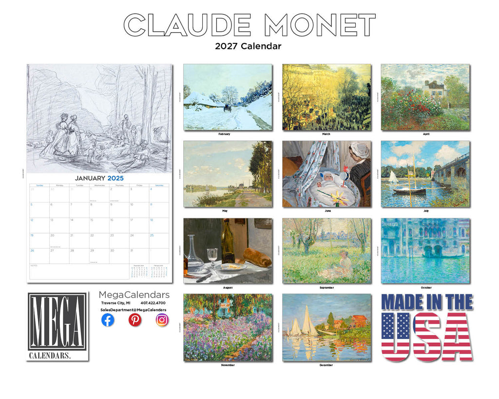 Claude Monet Wall Calendar 2027 - 12" x 9" 14-Month Impressionist Fine Art Calendar