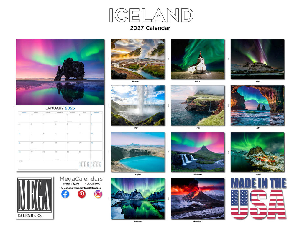 Iceland Wall Calendar 2027 - 12" x 9" 14-Month Scenic Landscape Calendar