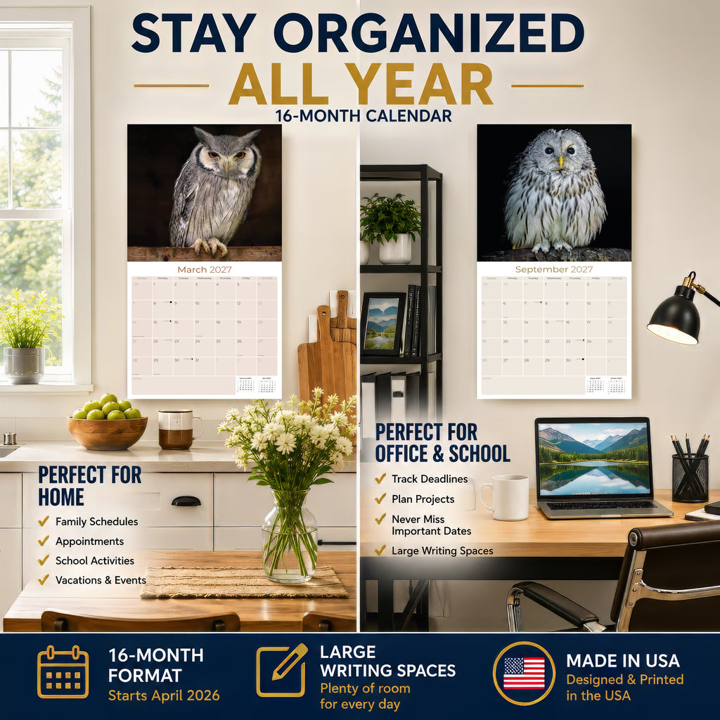 Owls Wall Calendar 2027 - 12" x 12" Monthly Majestic Raptors & Wise Nocturnal Bird Calendar