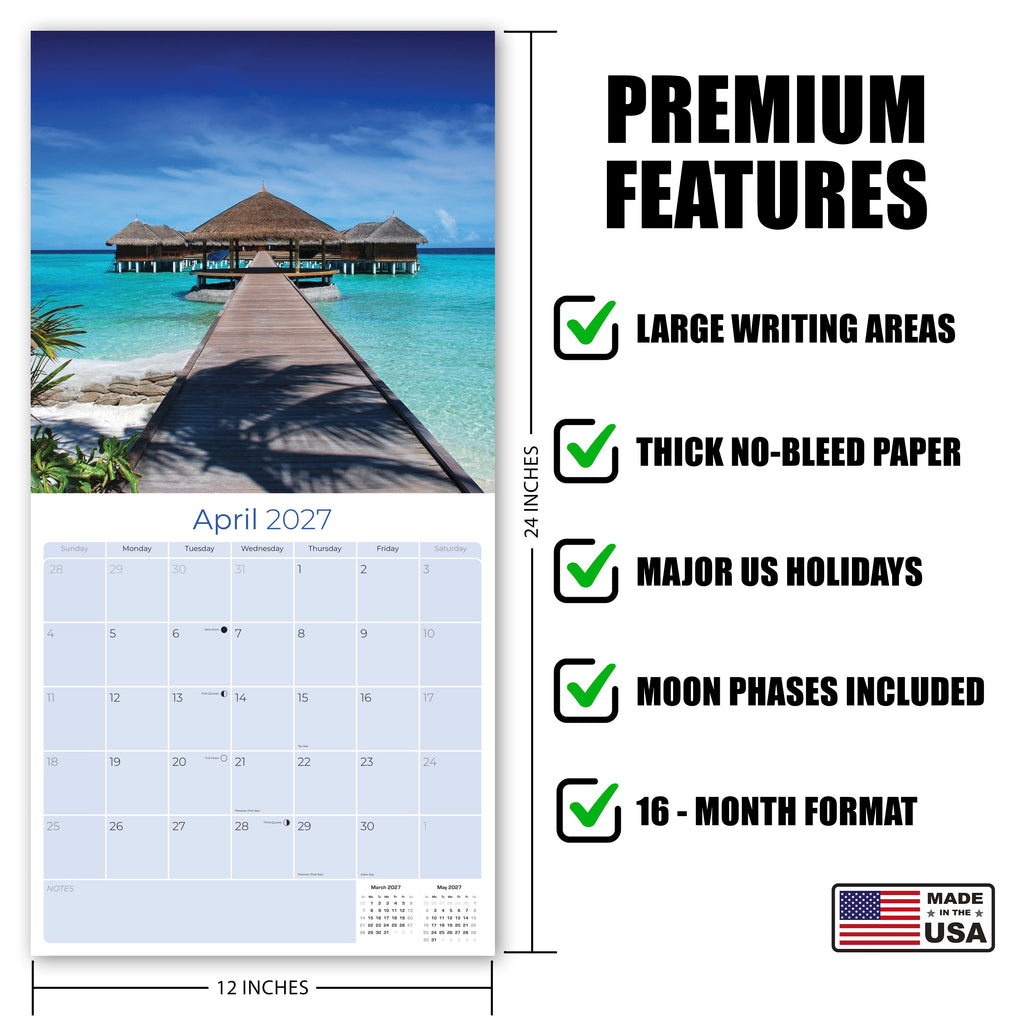 Amazing Beaches Wall Calendar 2027 - 12" x 12" Monthly Breathtaking Tropical Paradise Coastal Scenery Calendar