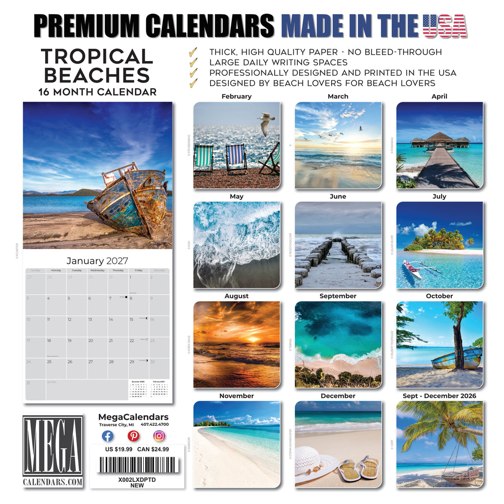 Amazing Beaches Wall Calendar 2027 - 12" x 12" Monthly Breathtaking Tropical Paradise Coastal Scenery Calendar