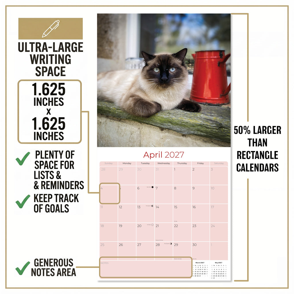 Siamese Cats Wall Calendar 2027 - 12" x 12" Monthly Intelligent & Sleek Blue-Eyed Feline Companion Calendar
