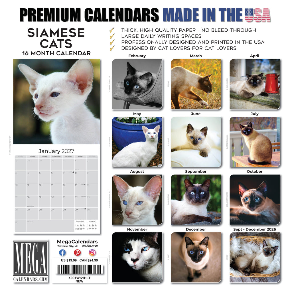 Siamese Cats Wall Calendar 2027 - 12" x 12" Monthly Intelligent & Sleek Blue-Eyed Feline Companion Calendar