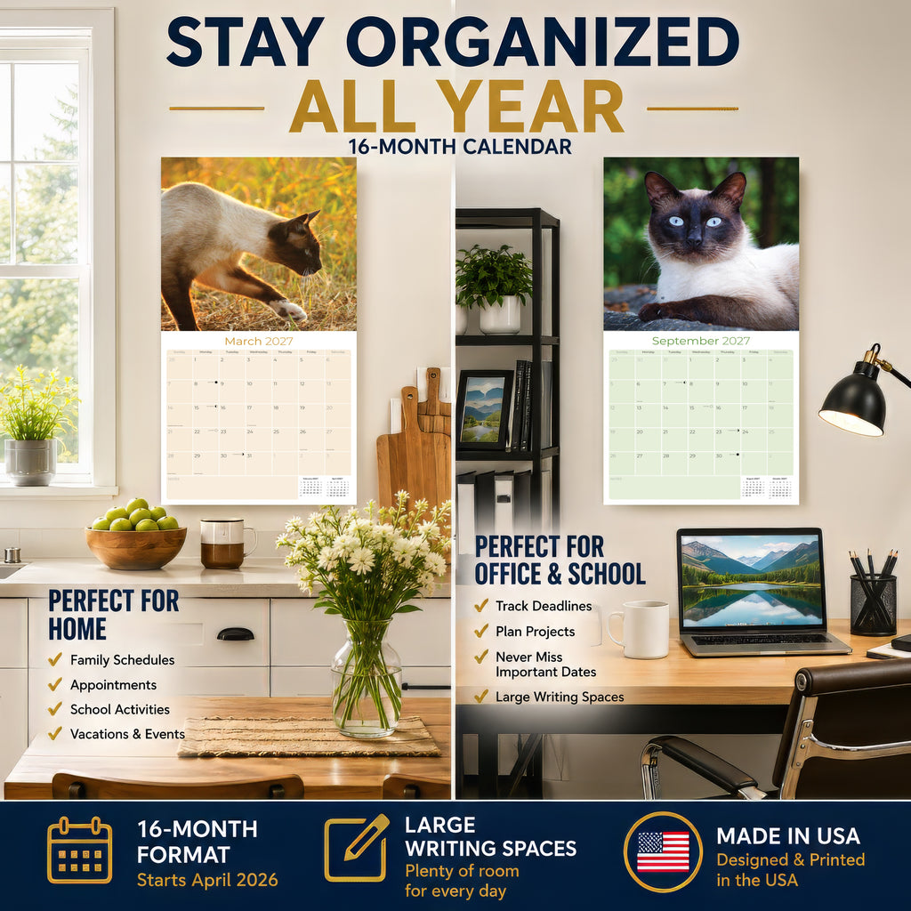 Siamese Cats Wall Calendar 2027 - 12" x 12" Monthly Intelligent & Sleek Blue-Eyed Feline Companion Calendar