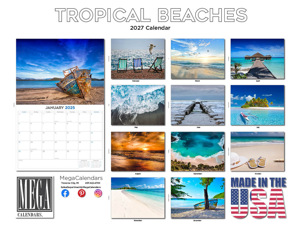 Tropical Beaches Wall Calendar 2027 - 12" x 9" 14-Month Scenic Calendar