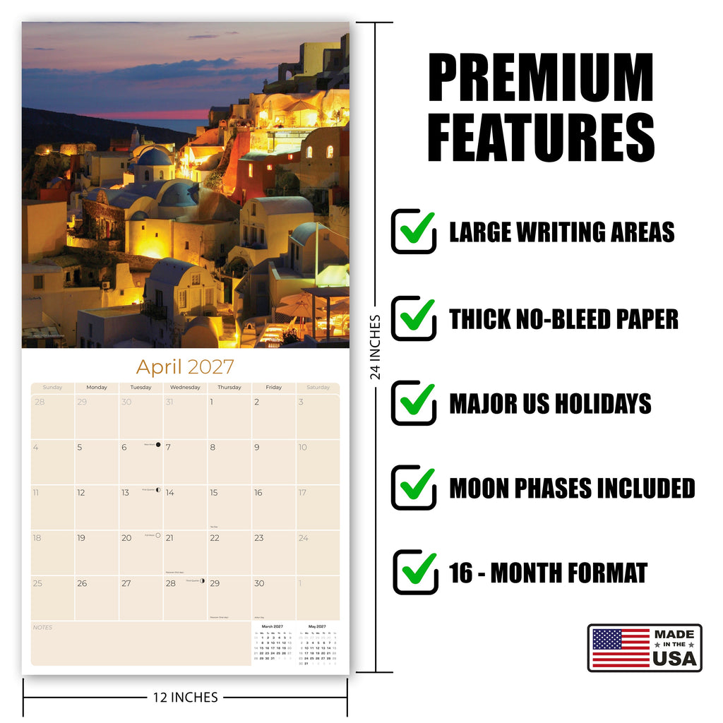 Greek Islands Wall Calendar 2027 - 12" x 12" Monthly Breathtaking Mediterranean Aegean Sea Travel Scenery Calendar