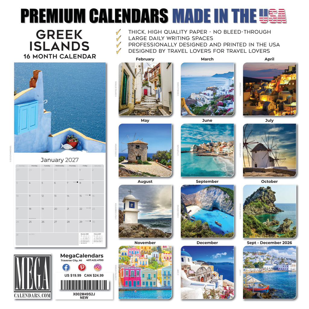 Greek Islands Wall Calendar 2027 - 12" x 12" Monthly Breathtaking Mediterranean Aegean Sea Travel Scenery Calendar