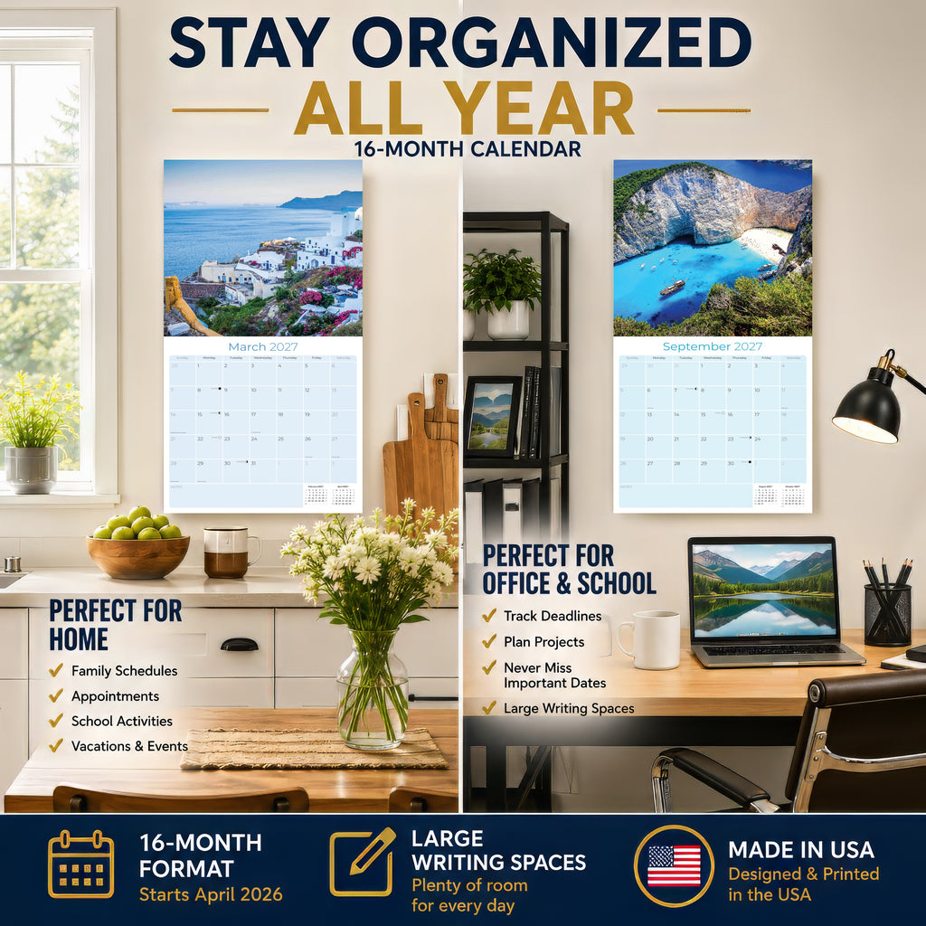 Greek Islands Wall Calendar 2027 - 12" x 12" Monthly Breathtaking Mediterranean Aegean Sea Travel Scenery Calendar