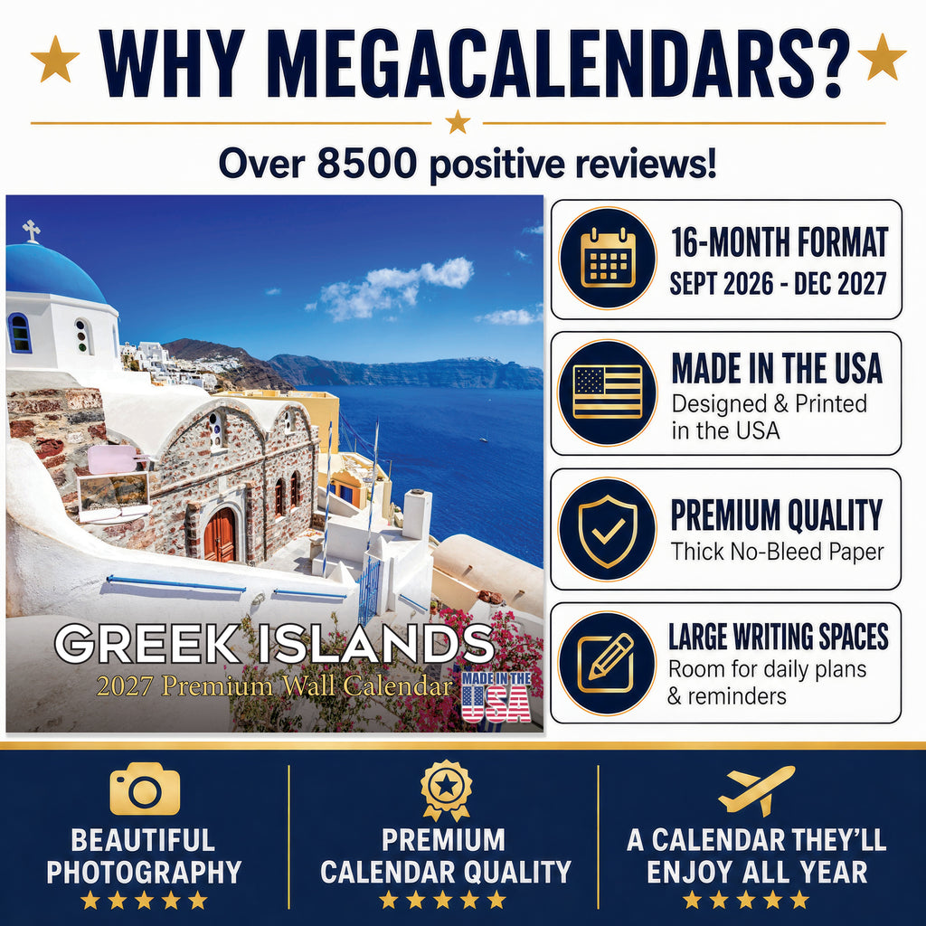 Greek Islands Wall Calendar 2027 - 12" x 12" Monthly Breathtaking Mediterranean Aegean Sea Travel Scenery Calendar