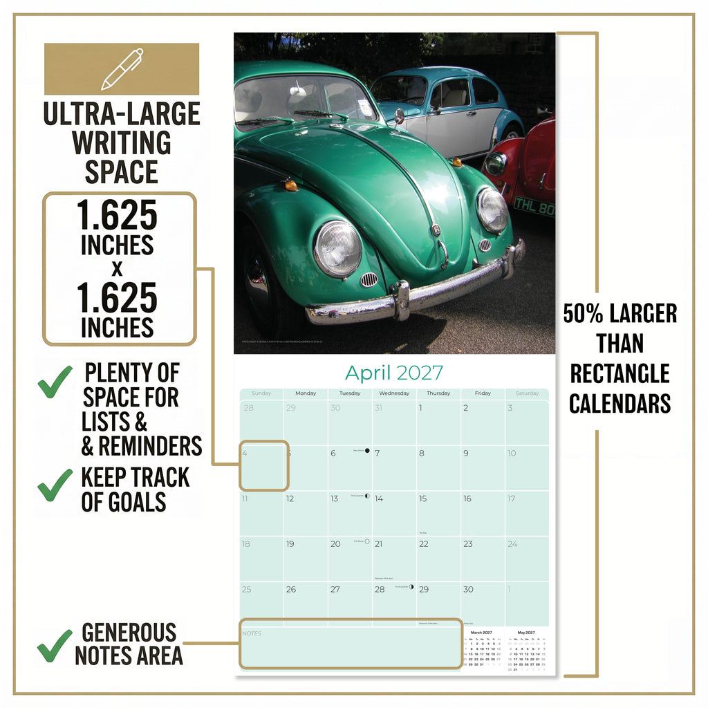 Vintage Bug Wall Calendar 2027 - 12" x 12" Monthly Classic Car Calendar