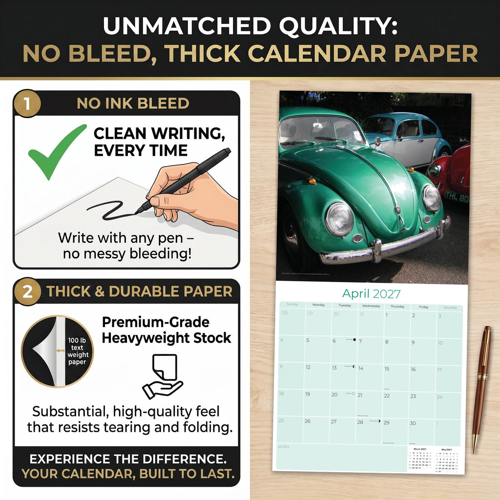 Vintage Bug Wall Calendar 2027 - 12" x 12" Monthly Classic Car Calendar