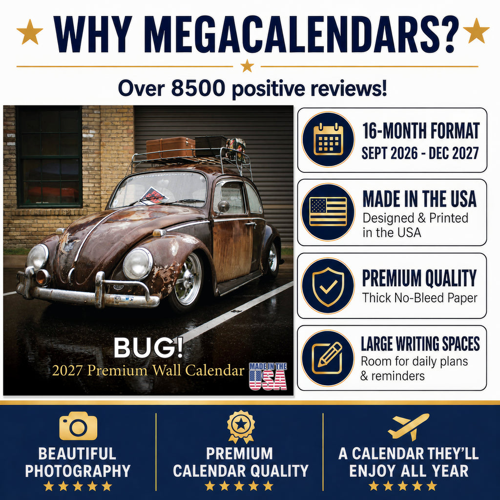 Vintage Bug Wall Calendar 2027 - 12" x 12" Monthly Classic Car Calendar