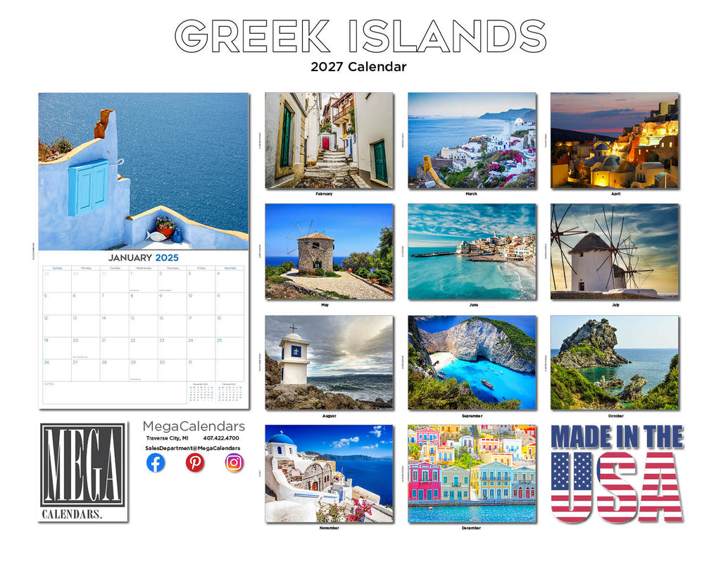 Greek Islands Wall Calendar 2027 - 12" x 9" 14-Month Scenic Travel Calendar