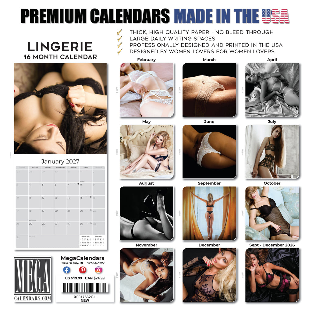 Lingerie Wall Calendar 2027 - 12" x 12" Monthly Elegant Boudoir Photography & Creative Glamour Art Calendar