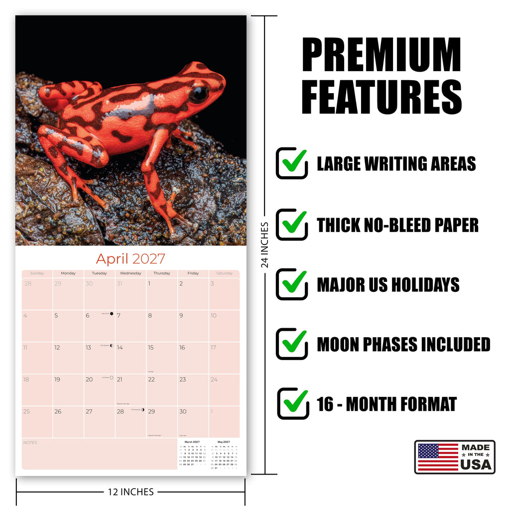 Frogs Wall Calendar 2027 - 12" x 12" Monthly Colorful Exotic Tree Frogs Amphibian Nature Calendar