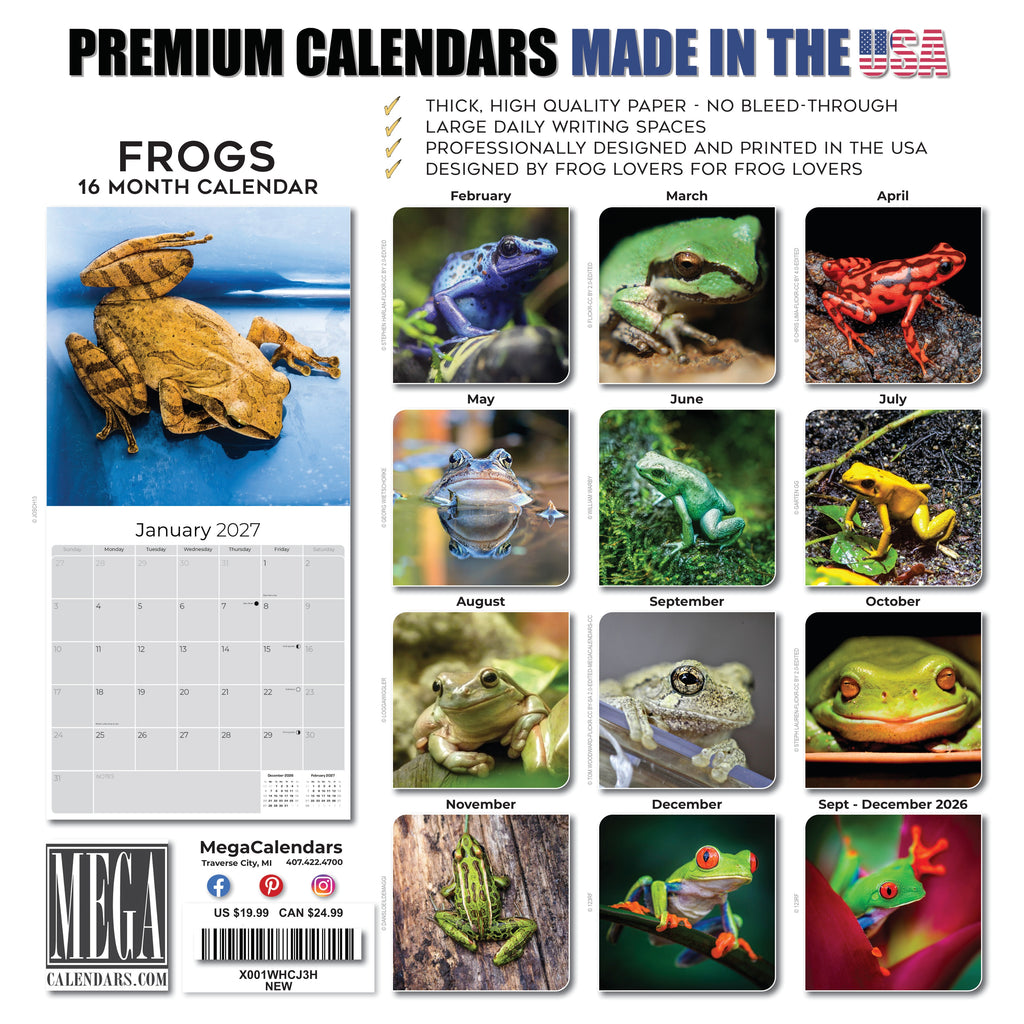 Frogs Wall Calendar 2027 - 12" x 12" Monthly Colorful Exotic Tree Frogs Amphibian Nature Calendar