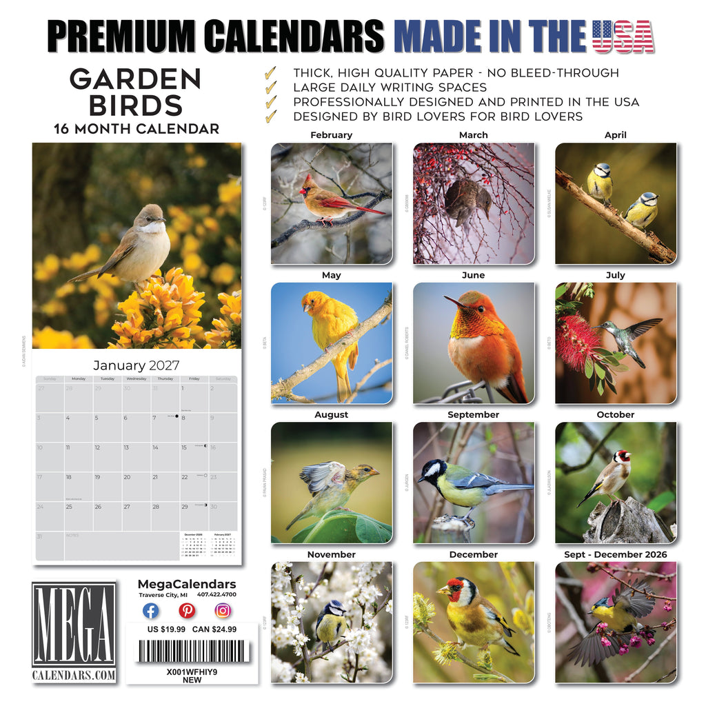 Garden Birds Wall Calendar 2027 - 12" x 12" Monthly Beautiful Songbirds & Colorful Backyard Wild Birds Calendar