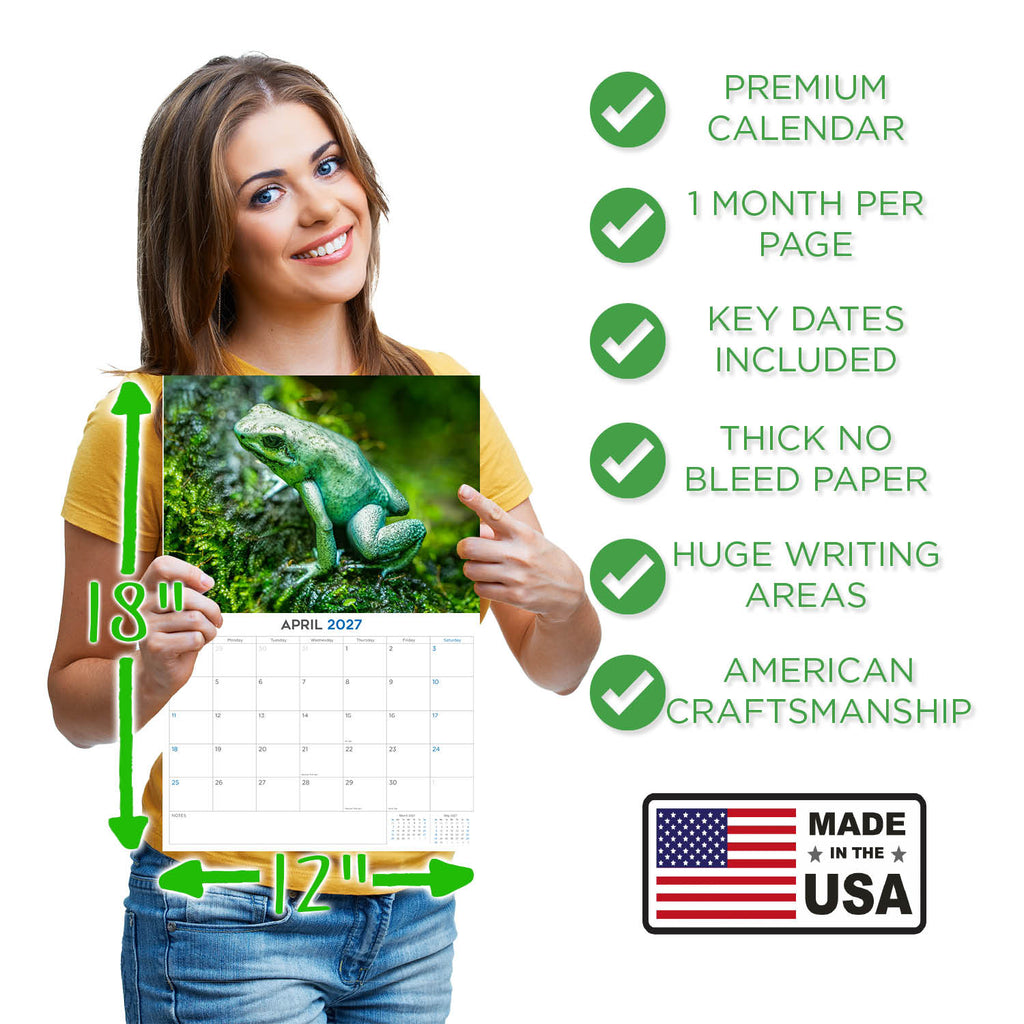 Frogs Wall Calendar 2027 - 12" x 9" 14-Month Amphibian Calendar