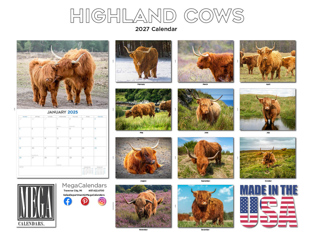 Highland Cows Wall Calendar 2027 - 12" x 9" 14-Month Scottish Cattle Calendar