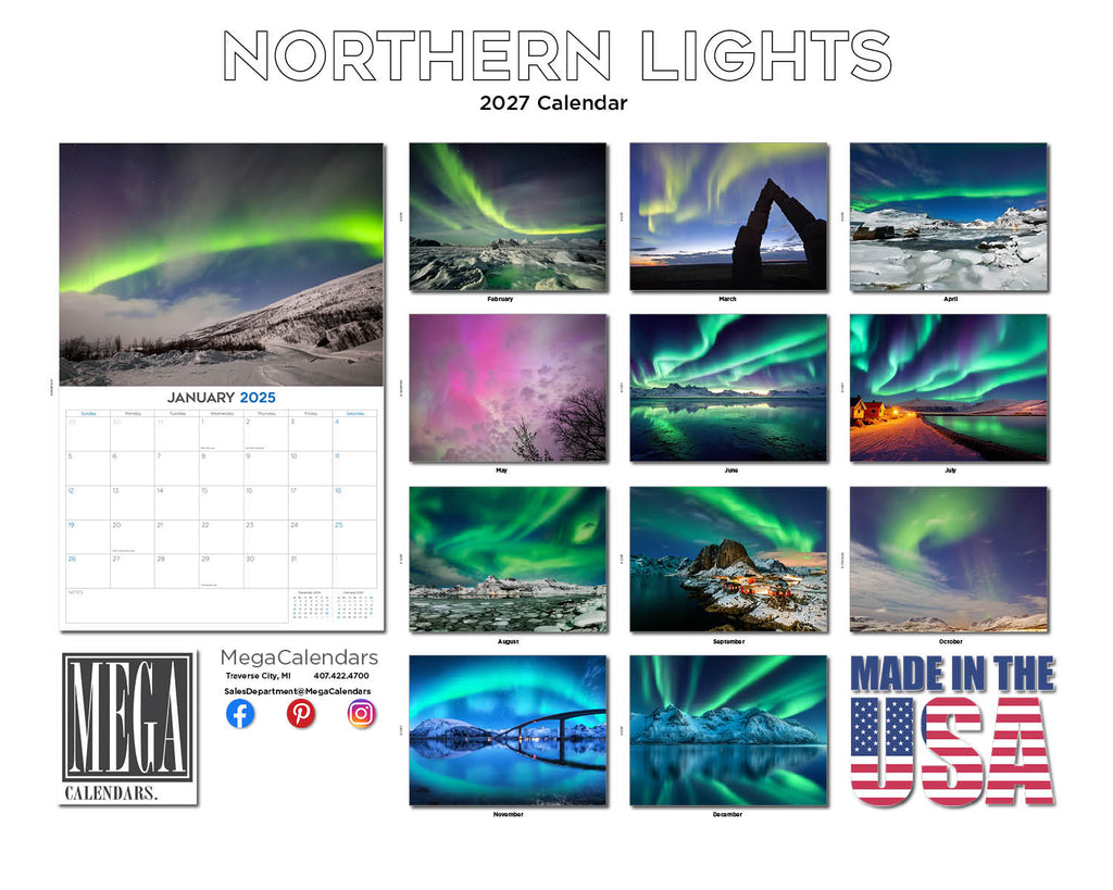 Northern Lights Wall Calendar 2027 - 12" x 9" 14-Month Aurora Borealis Scenic Calendar