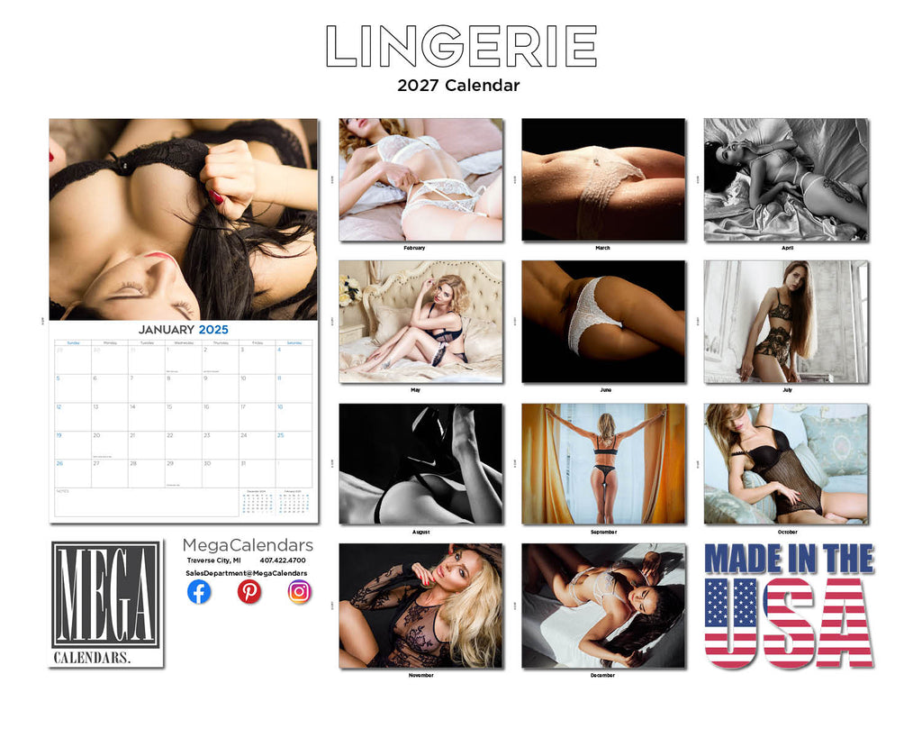 Lingerie Wall Calendar 2027 - 12" x 9" 14-Month High-Fashion Lifestyle Calendar