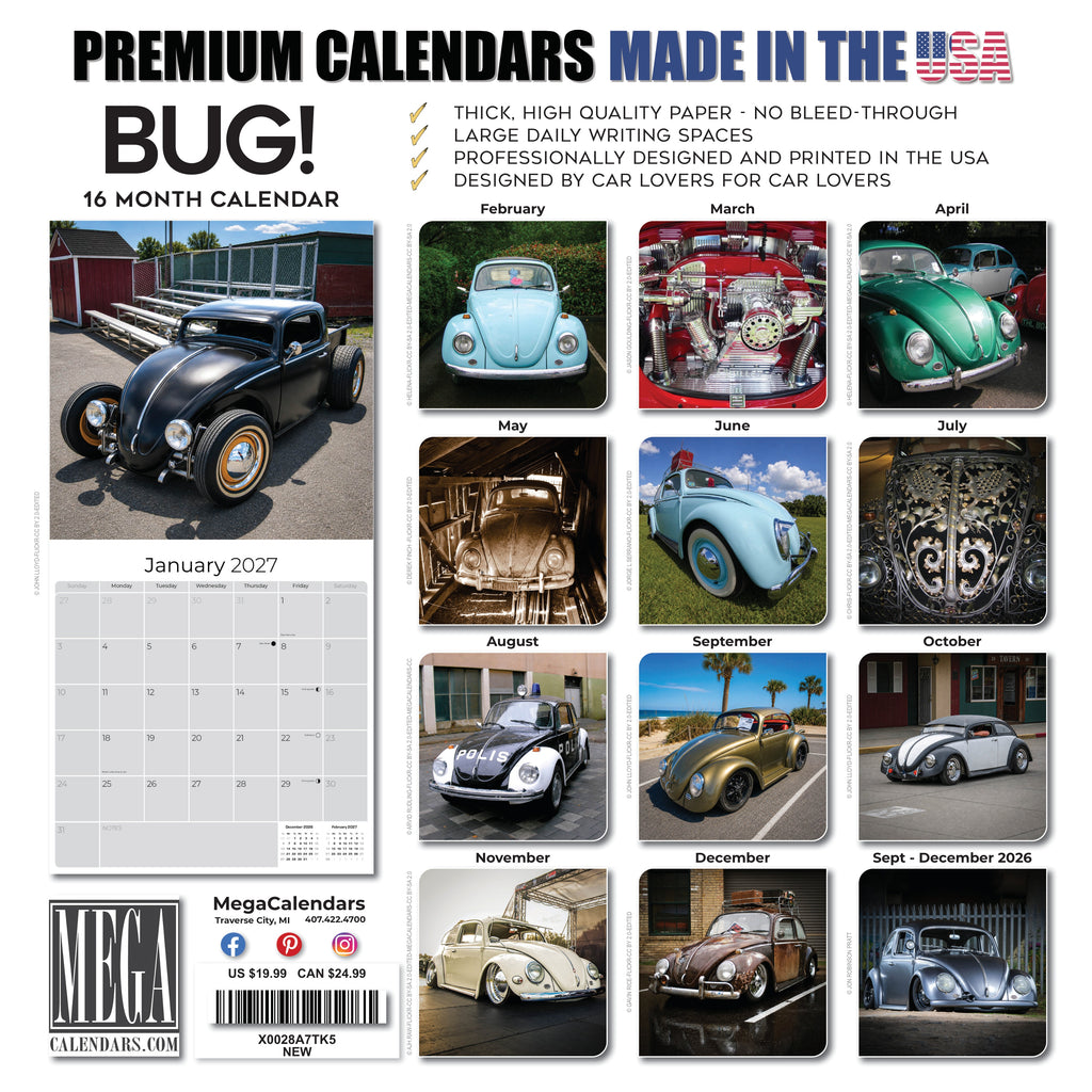 Vintage Bug Wall Calendar 2027 - 12" x 12" Monthly Classic Car Calendar