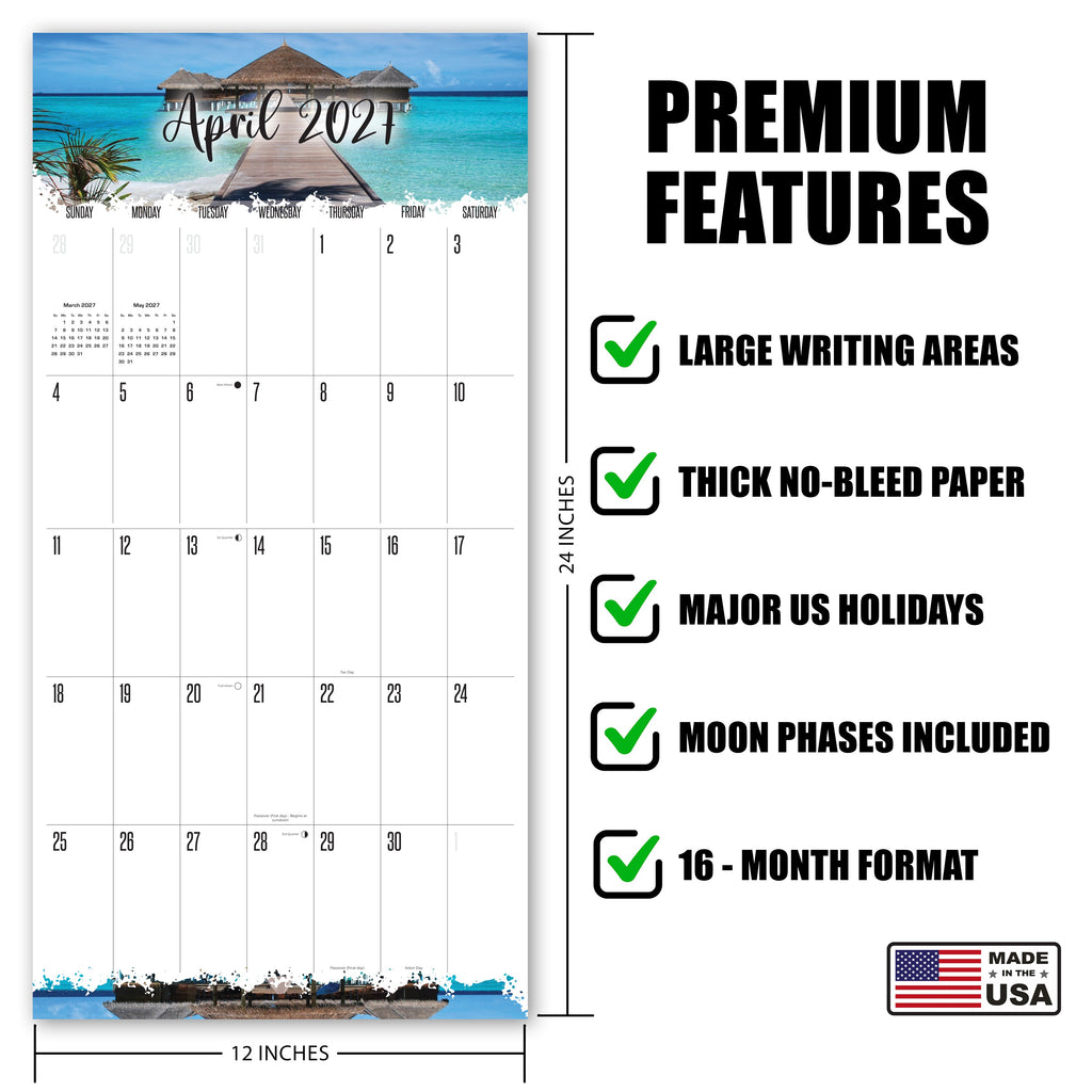 Tropical Beach Wall Calendar 2027 - 12" x 12" Monthly Tropical Paradise & Island Photography Calendar