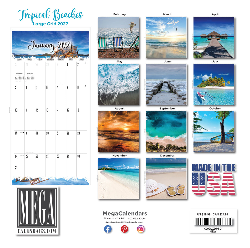 Tropical Beach Wall Calendar 2027 - 12" x 12" Monthly Tropical Paradise & Island Photography Calendar