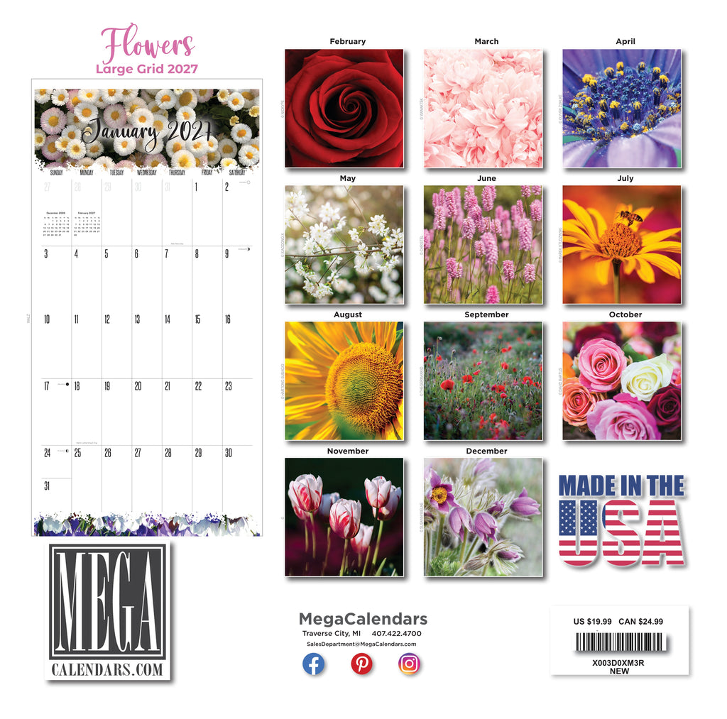 Flowers Wall Calendar 2027 - 12" x 12" Monthly Vibrant Floral & Botanical Garden Photography Calendar