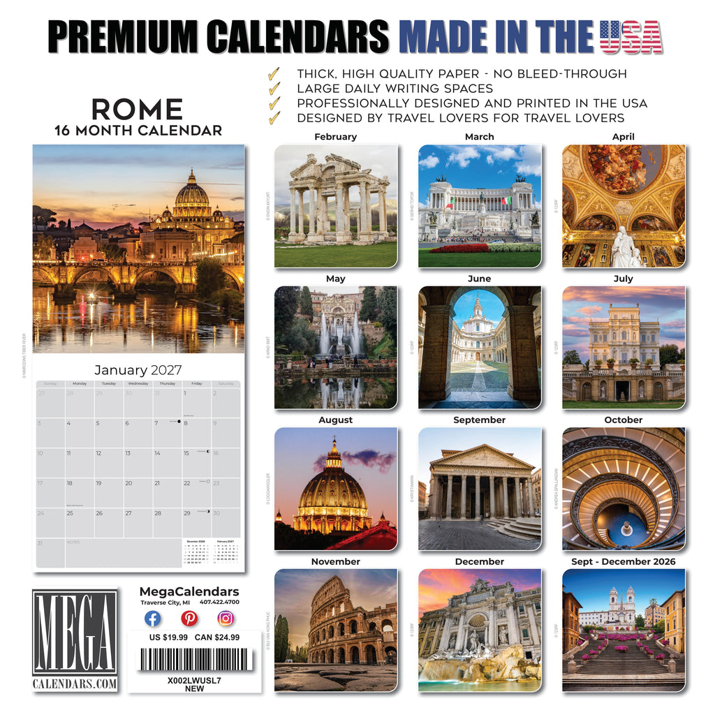 Rome Wall Calendar 2027 - 12" x 12" Monthly Iconic Italian Architecture & Cityscape Travel Calendar