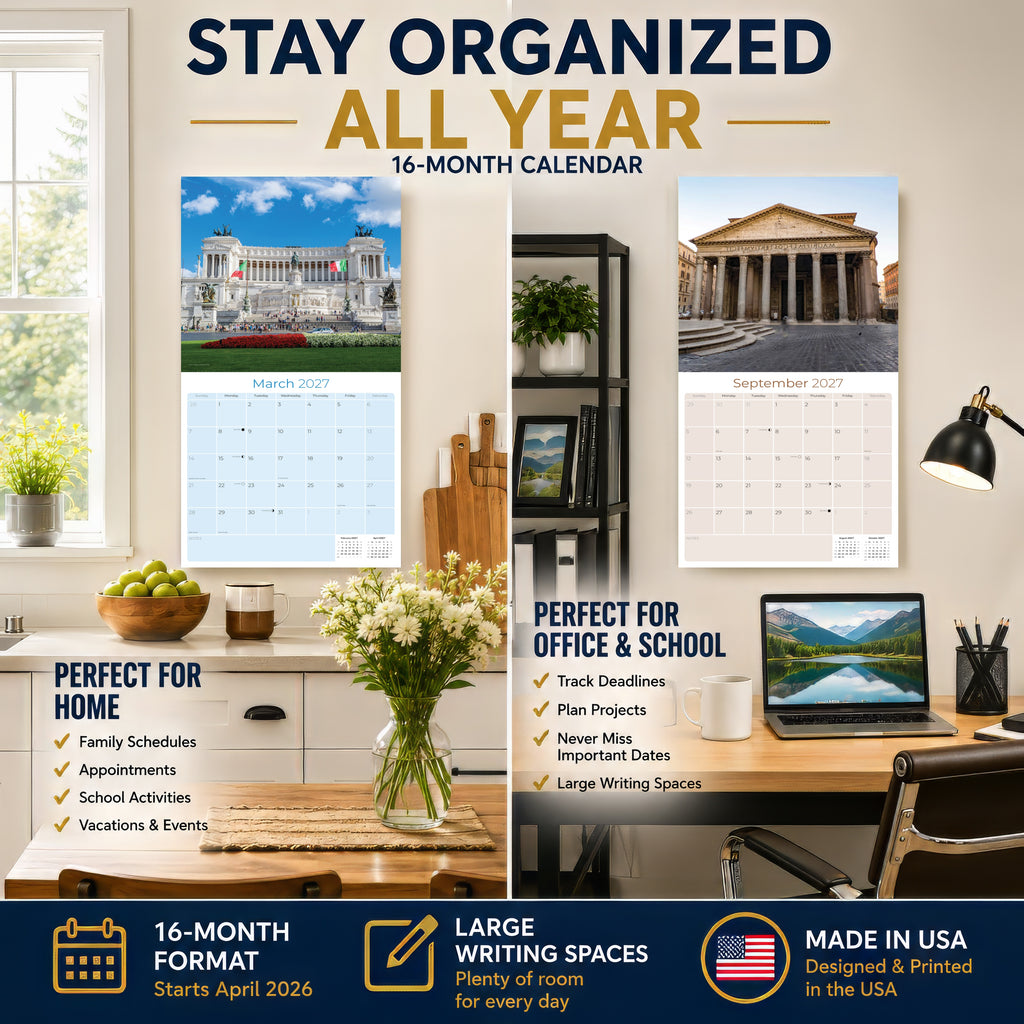 Rome Wall Calendar 2027 - 12" x 12" Monthly Iconic Italian Architecture & Cityscape Travel Calendar
