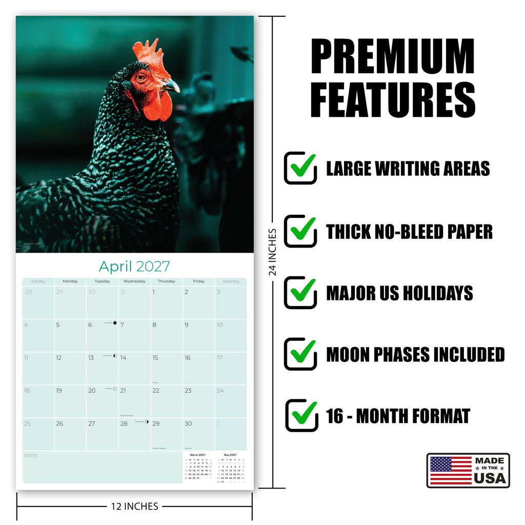 Chickens Wall Calendar 2027 - 12" x 12" Monthly Colorful Plucky Backyard Poultry Farm Calendar