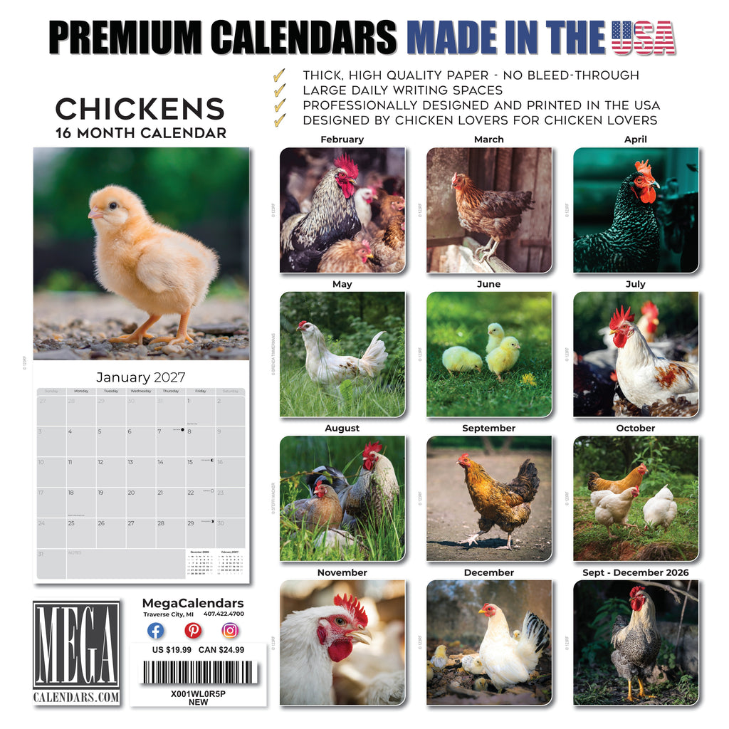 Chickens Wall Calendar 2027 - 12" x 12" Monthly Colorful Plucky Backyard Poultry Farm Calendar