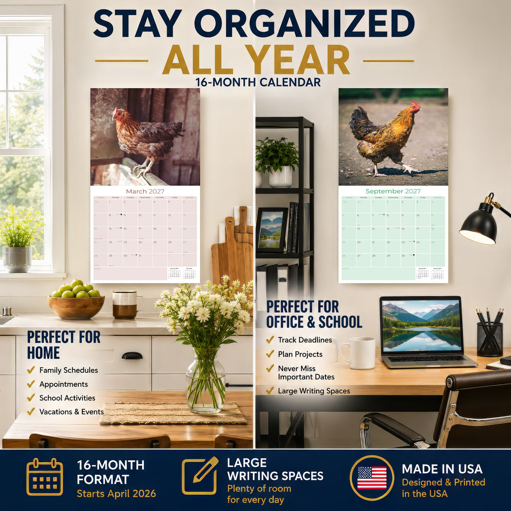 Chickens Wall Calendar 2027 - 12" x 12" Monthly Colorful Plucky Backyard Poultry Farm Calendar