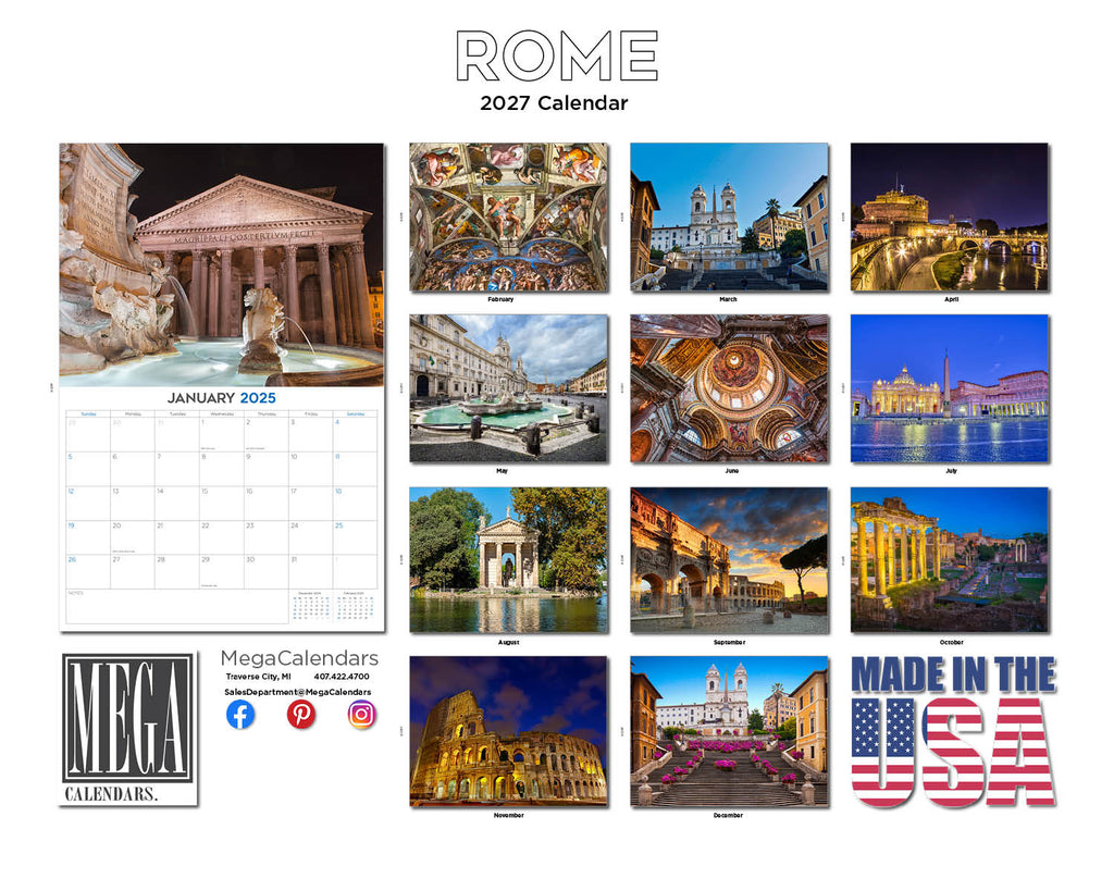 Rome Wall Calendar 2027 - 12" x 9" 14-Month Scenic Travel Cityscape Calendar