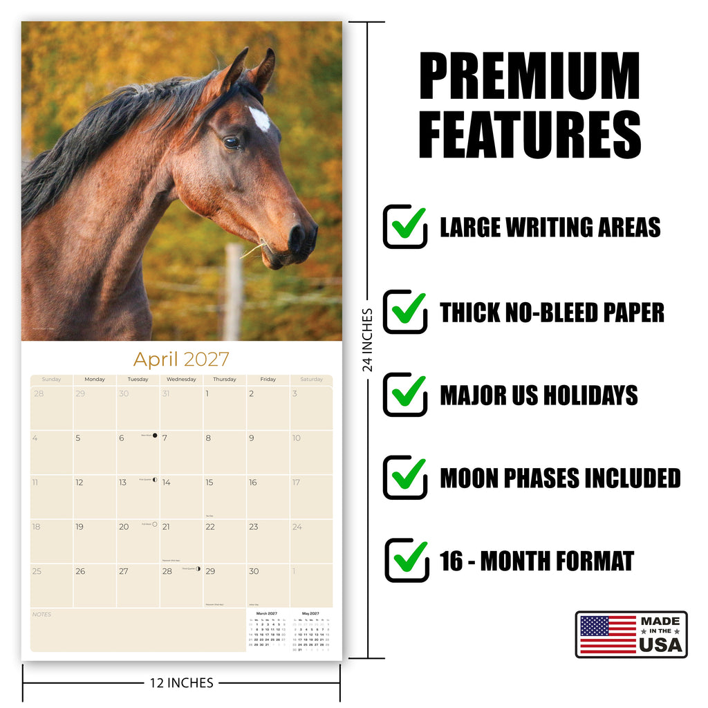 Horses Wall Calendar 2027 - 12" x 12" Monthly Majestic Equine & Galloping Stallion Fine Art Calendar