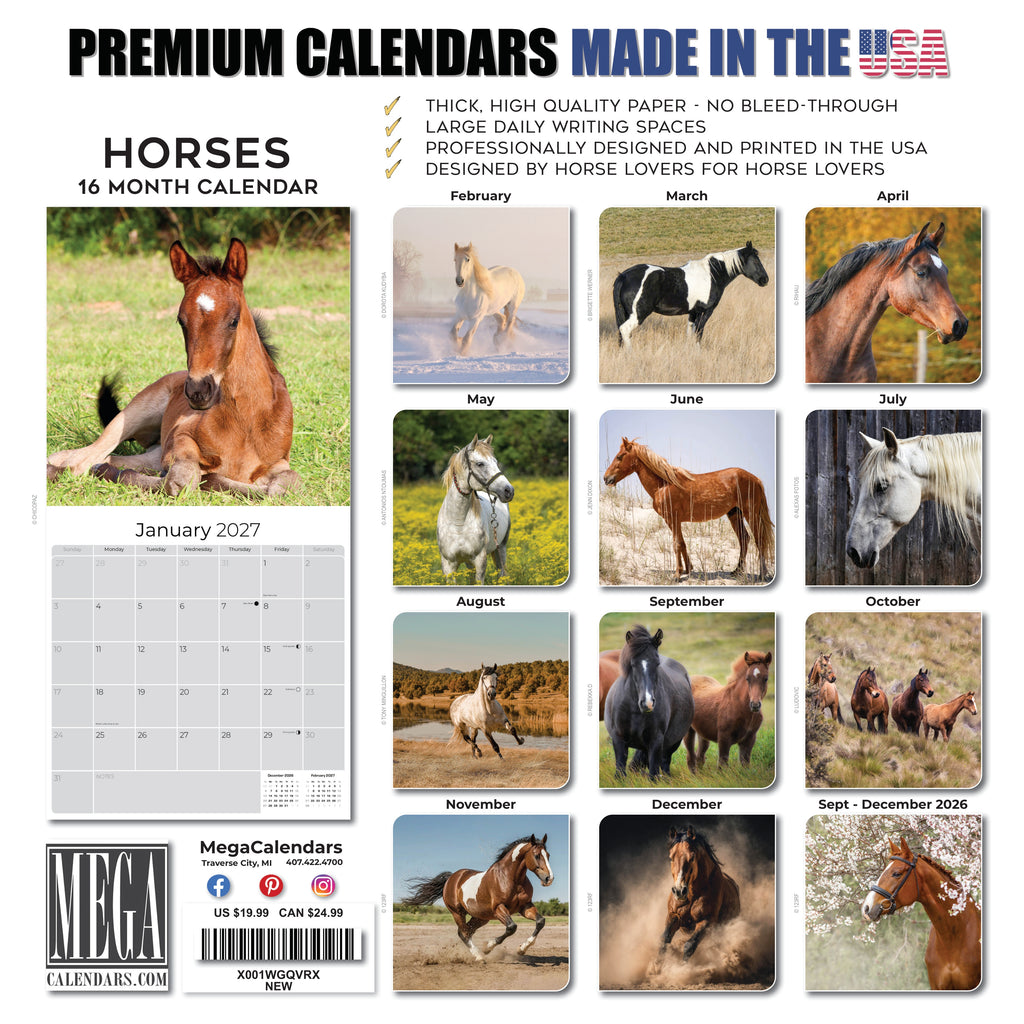 Horses Wall Calendar 2027 - 12" x 12" Monthly Majestic Equine & Galloping Stallion Fine Art Calendar