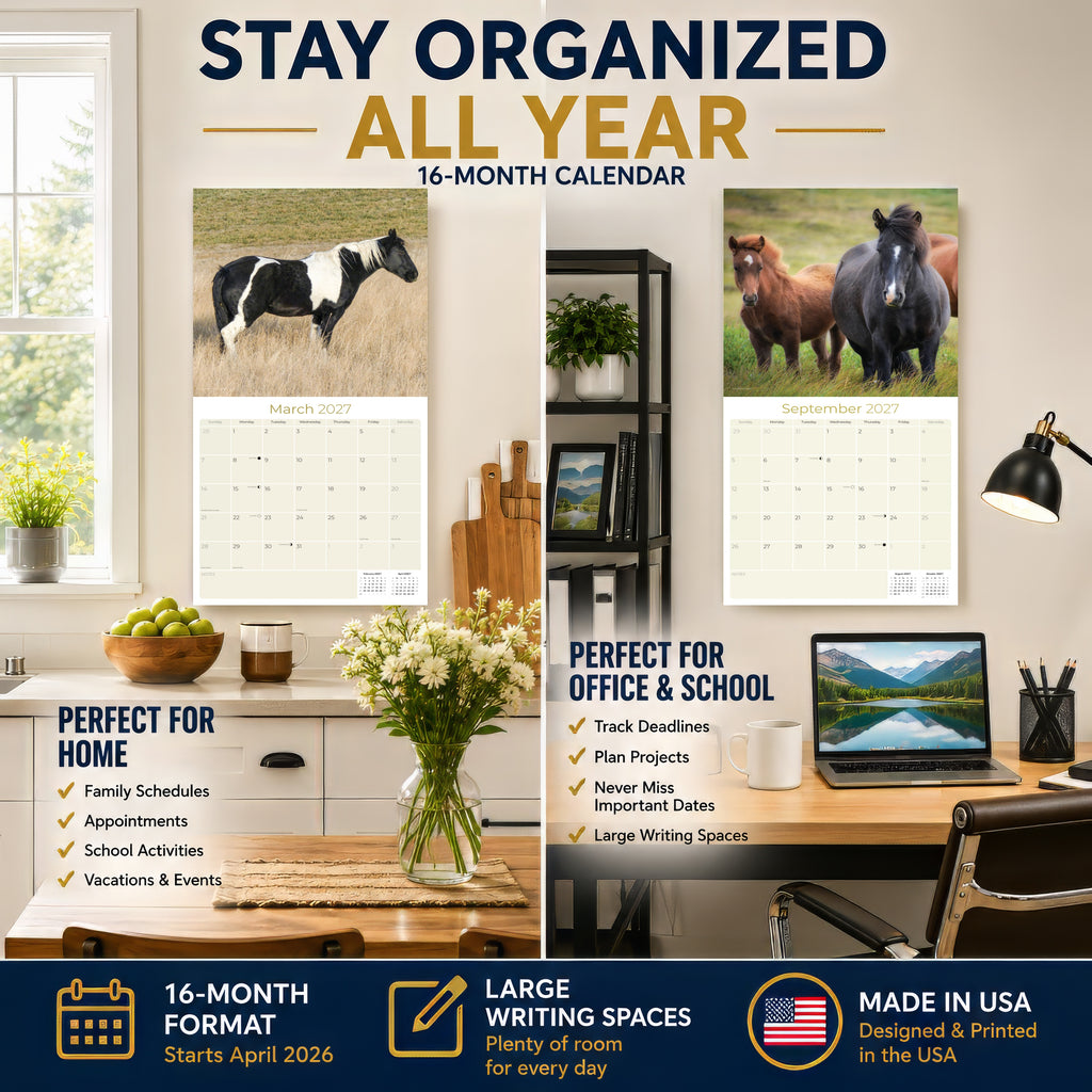 Horses Wall Calendar 2027 - 12" x 12" Monthly Majestic Equine & Galloping Stallion Fine Art Calendar