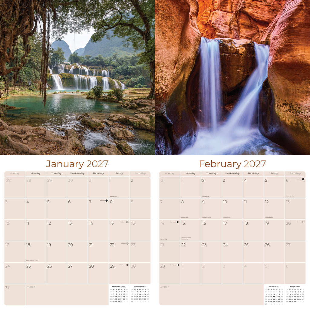 Waterfalls Wall Calendar 2027 - 12" x 12" Monthly Breathtaking Scenic Cascades & Nature Landscape Calendar