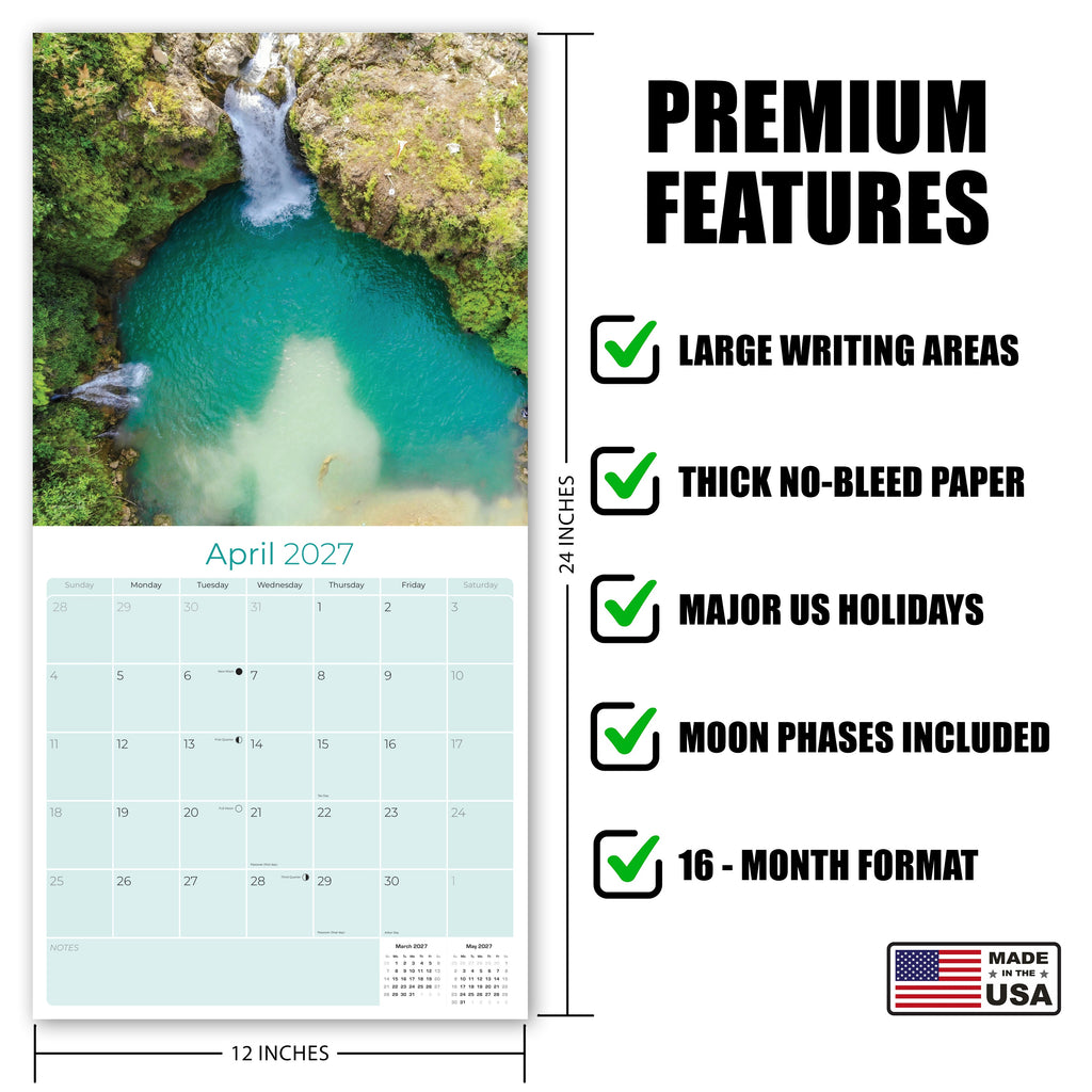 Waterfalls Wall Calendar 2027 - 12" x 12" Monthly Breathtaking Scenic Cascades & Nature Landscape Calendar