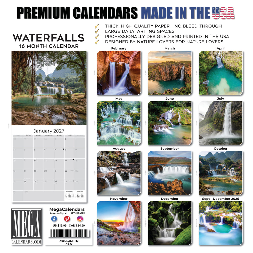 Waterfalls Wall Calendar 2027 - 12" x 12" Monthly Breathtaking Scenic Cascades & Nature Landscape Calendar