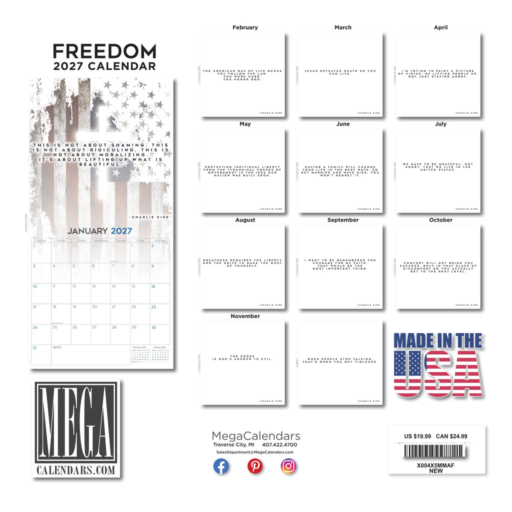 Freedom Wall Calendar 2027 – 12" x 12" Monthly Inspirational Quotes & Patriotic Wall Calendar