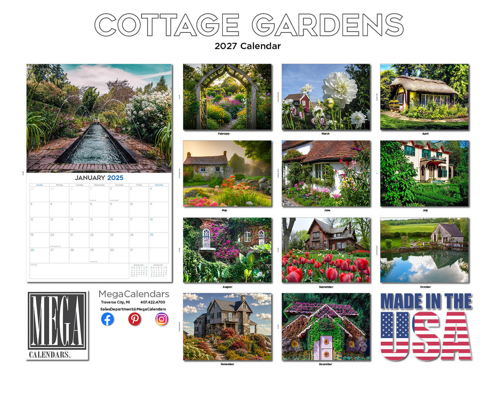 Cottage Gardens Wall Calendar 2027 - 12" x 9" 14-Month Floral Garden Calendar
